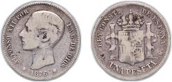 World Coins - Spain Kingdom 1876 *??-76 DEM 1 Peseta - Alfonso XII (1st portrait) Silver (.835) Madrid Mint (4427000) 4.74g VF  KM 672 Cal 54