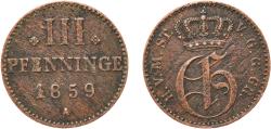 World Coins - Germany Grand Duchy of Mecklenburg-Strelitz German states 1859 A 3 Pfenninge - George Copper Berlin Mint (192000) 2.12g XF  AKS 68 Kunzel 618 Jaeg 4 MRWS 116 KM 90