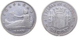 World Coins - Spain Provisional Government 1869 *6-9 SNM 50 Centimos Silver (.835) Madrid Mint (452726) 2.5g VF KM651