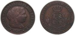 World Coins - Spain Kingdom 1867 OM 2½ Centimos de Escudo - Isabel II Bronze Barcelona Mint 5.88g VF KM 634.1