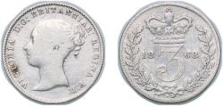 World Coins - Great Britain United Kingdom 1868 3 Pence - Victoria (1st portrait; incl. Maundy and Colonial) Silver (.925) (1457200) 1.4g VF KM 730 Sp 3914 Sp 3918