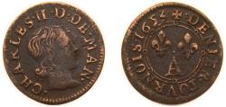 World Coins - France Principality of Arches-Charleville French feudal 1653 A Denier Tournois - Charles II (3rd type) Copper Charleville Mint 1.2g VF CGKL 638 PA 6193 var Boudeau cf 1816