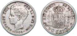 World Coins - Spain Kingdom 1900 *0-0 SMV 50 Centimos - Alfonso XIII (3rd portrait) Silver (.835) (2128369) 2.27g XF  KM 705