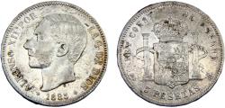 World Coins - Spain Kingdom Alfonso XII 1885 *18-85 MSM 5 Pesetas 3rd portrait