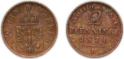 World Coins - Germany Kingdom of Prussia German states 1871 B 2 Pfennigs - William I Copper Hanover Mint 2.88g XF AKS 107 Old/Mue 2 425, 428, 432 KM 481 Neum 18 Schr 189-210