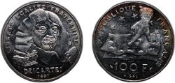 World Coins - France Fifth Republic 1991 100 Francs (Rene Descartes) Silver (.900) Paris Mint (3965161) 14.99g UNC  Franc 2014 459 KM 996 Gad 1789 906
