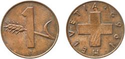 World Coins - Switzerland Federal State 1962 B 1 Rappen (wheat spike) Bronze (95% copper, 4% tin, 1% zinc) Bern Mint (5010000) 1.49g AU  HMZ 2 1216 Divo/Tob19 328 KM 46 Schön 41 Y 54