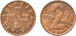 World Coins - Switzerland Federal State 1954 B 2 Rappen (Wheat spike) Bronze (95% copper, 4% tin, 1% zinc) Bern Mint (2530000) 2.98g AU  HMZ 2 1214 Divo/Tob19 325 KM 47 Schön 42 Y 55