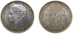 World Coins - Spain Kingdom 1900 *19-00 SMV 1 Peseta - Alfonso XIII (3rd portrait) Silver (.835) Madrid Mint (18650000) 5g UNC KM706 Cal41