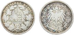 World Coins - Germany Second Empire 1907 A ½ Mark - Wilhelm II (type 2 - small shield) Silver (.900) (Ag 900, Cu 100) Berlin Mint (14168313) 2.7g VF  KM 17 AKS 6 J 16 Schön 17