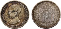 World Coins - Spain Kingdom Alfonso XIII 1892 *18-92 PGM 2 Pesetas 1st portrait
