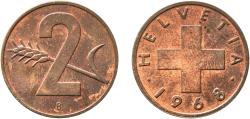 World Coins - Switzerland Federal State 1968 B 2 Rappen (Wheat spike) Bronze (95% copper, 4% tin, 1% zinc) Bern Mint (2860000) 3g UNC  HMZ 2 1214 Divo/Tob19 325 KM 47 Schön 42 Y 55
