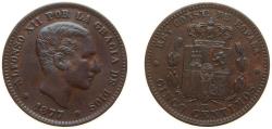 World Coins - Spain Kingdom 1877 OM 5 Centimos - Alfonso XII Bronze (95% copper, 4% tin, 1% zinc) Barcelona Mint (34376000) 5g XF KM 674
