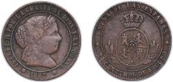 World Coins - Spain Kingdom 1867 2½ Centimos de Escudo - Isabel II Bronze Barcelona Mint 5.28g VF KM 634 Cal 638