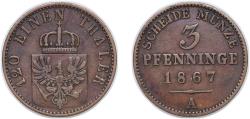 World Coins - Germany Kingdom of Prussia German states 1867 A 3 Pfennigs - William I Copper Berlin Mint 4.5g XF AKS 106 Old/Mue 2 424, 427, 431 KM 482 Neum 17 Schr 162-188