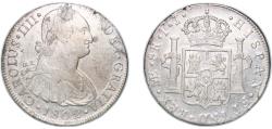World Coins - Peru Spanish colony 1802 LIMAE IJ 8 Reales - Charles IV (Numeral IIII) Silver (.896) Lima Mint (3875000) 26.58g AU KM 97