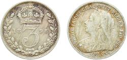 World Coins - Great Britain United Kingdom Kingdom 1898 3 Pence - Victoria (3rd portrait; incl. Maundy) Silver (.925) Royal Mint (Tower Hill) (4567100) 1.39g VF Surface hairlines  KM 777 Sp 394