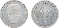 World Coins - Germany Federal Republic of Germany 2001 D 2 Deutsche Mark (Willy Brandt) Copper-nickel clad nickel Berlin Mint (130000) 7g UNC KM 183 J 459 Schön 182