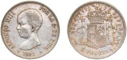 World Coins - Spain Kingdom 1892 *18-92 PGM 5 Pesetas - Alfonso XIII (1st portrait) Silver (.900) Madrid Mint (7000000) 25g VF KM 689
