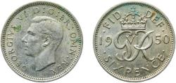 World Coins - Great Britain United Kingdom Kingdom 1950 6 Pence - George VI (3rd coinage) Copper-nickel (75% Cu, 25% Ni) Royal Mint (Tower Hill) (32741900) 2.84g AU  KM 875 Sp 4110 Schön 52 Y 1