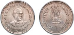 World Coins - India 1990 1 Rupee (Dr. Ambedkar) Copper-nickel (75% Copper, 25% Nickel) Bombay Mint 6g UNC KM 85