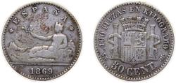 World Coins - Spain Provisional Government 1869 *6-9 SNM 50 Centimos Silver (.835) Madrid Mint (452726) 2.5g VF KM651