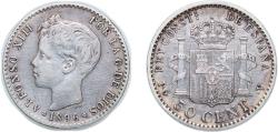 World Coins - Spain Kingdom 1896 *9-6 PGV 50 Centimos - Alfonso XIII (3rd portrait) Silver (.835) (296930) 2.51g XF KM 705 Cal 59