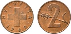 World Coins - Switzerland Federal State 1969 2 Rappen (Wheat spike) Bronze (95% copper, 4% tin, 1% zinc) (6200000) 3.02g AU  HMZ 2 1214 Divo/Tob19 325 KM 47 Schön 42 Y 55