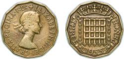 World Coins - Great Britain United Kingdom 1955 3 Pence - Elizabeth II (1st portrait; without 'BRITT:OMN') Nickel brass (79% Cu, 20% Zn, 1% Ni) Royal Mint (Tower Hill) (41075200) 6.8g XF KM 900