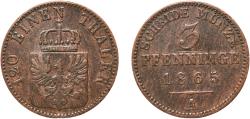 World Coins - Germany Kingdom of Prussia German states 1865 A 3 Pfenninge - William I Copper Berlin Mint 4.23g XF  AKS 106 Old/Mue 2 424, 427, 431 KM 482 Neum 17 Schr 162-188