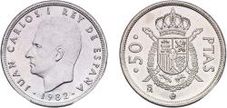 World Coins - Spain Kingdom 1982 M 50 Pesetas - Juan Carlos I (With mintmark) Copper-nickel (75% copper, 25% nickel) Royal Mint of Spain (27000000) 12.5g UNC  KM 825 Cal 65 Schön 56