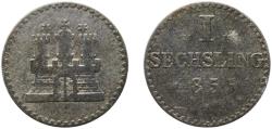 World Coins - Germany Free Hanseatic city of Hamburg 1855 1 Sechsling Billon (.250 silver) (1841000) 0.67g VF  KM 585 AKS 28&29