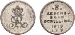 World Coins - Germany Danish duchies of Schleswig and Holstein German states 1819 8 Reichsbank Schilling - Frederik VI Billon (.375 silver) Altona, Schleswig-Holstein Mint (925000) 2.68g XF  AK