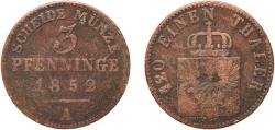 World Coins - Germany Kingdom of Prussia German states 1852 A 3 Pfenninge - Friedrich Wilhelm IV Copper Berlin Mint 4.24g F  AKS 90 Old/Mue 2 335 Jaeg 9 Pr 52 KM 453 Neum 35 Schr 186-282