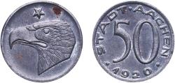 World Coins - Germany Aachen, City of Weimar Republic 1920 50 Pfennigs - Aachen Iron L. Chr. Lauer Mint (331750) 5.1g UNC  Funck 1.13 Men05 70.41 Men18 99.41
