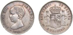 World Coins - Spain Kingdom 1888 *18-88 MPM 5 Pesetas - Alfonso XIII (1st portrait) Silver (.900) Madrid Mint (10643900) 25g XF KM 689