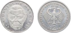 World Coins - Germany Federal Republic of Germany 1998 F 2 Deutsche Mark (Ludwig Erhard) Copper-nickel clad nickel Staatliche Münze Baden-Württemberg Mint (70000) 7g AU KM 170 J 445 Schön 167