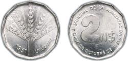 World Coins - Uruguay Oriental Republic of Uruguay 1981 2 Nuevos Pesos (FAO) Copper-nickel (95000000) 7.08g UNC KM 77 Schön 58