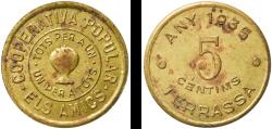 World Coins - Spain Second Republic 1935 5 Centimos - Cooperativa Popular Els Amics Brass 4.57g AU  AL 141