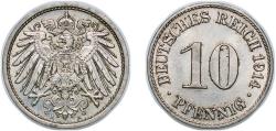World Coins - Germany Germany - 1871-1948 Weimar Republic 1914 A 10 Pfennigs - Wilhelm II (type 2 - small shield) Copper-nickel (Cu 750, Ni 250) Berlin Mint (18569974) 3.99g UNC KM 12 AKS 12 J