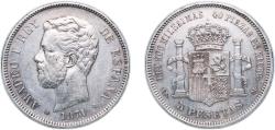 World Coins - Spain Kingdom 1871 *18-71 SDM 5 Pesetas - Amadeo I Silver (.900) Madrid Mint 25g XF KM 666 Cal 5