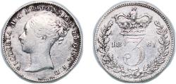 World Coins - Great Britain United Kingdom 1861 3 Pence - Victoria (1st portrait; incl. Maundy and Colonial) Silver (.925) (3294700) 1.4g VF KM 730 Sp 3914 Sp 3918