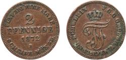 World Coins - Germany Grand duchy of Mecklenburg-Schwerin Second Empire 1872 2 Pfennige - Frederick Francis II Copper Dresden Mint (1155100) 2.92g XF  AKS 49 Kunzel 415 Jaeg 4 MRWS 61 J M2 KM 3
