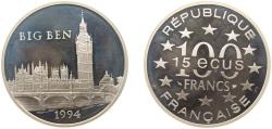 World Coins - France Fifth Republic 1994 100 Francs / 15 ECUs (Big Ben) Silver (.900) (20000) 22.2g PF KM 1070