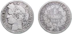 World Coins - France Third Republic 1872 A 1 Franc Silver (.835) 4.85g VF F 216 Gad 465 KM 822