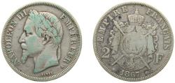 World Coins - France Second Empire 1867 A 2 Francs - Napoleon III Silver (.835) Paris Mint (3312543) 10g VF F 263 Gad 527 KM 807.1