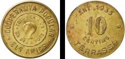 World Coins - Spain Second Republic 1935 10 Centimos - Cooperativa Popular Els Amics Brass 7.47g AU  AL 142