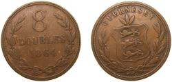 World Coins - Guernsey British dependency 1864 8 Doubles - Victoria Bronze (280000) 9.6g VF KM 7 Schön 8