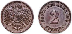 World Coins - Germany Germany - 1871-1948 Second Empire 1915 A 2 Pfennigs - Wilhelm II (type 2 - small shield) Copper Berlin Mint (3897165) 3.34g AU KM 16 AKS 19 J 11 Schön 11 Neum 34