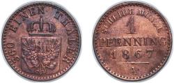 World Coins - Germany Kingdom of Prussia Second Empire 1867 A 1 Pfenning - William I Copper Berlin Mint 1.43g AU AKS 108 Old/Mue 2 426, 429, 433 KM 480 Kahnt/Schön 84 Neum 19